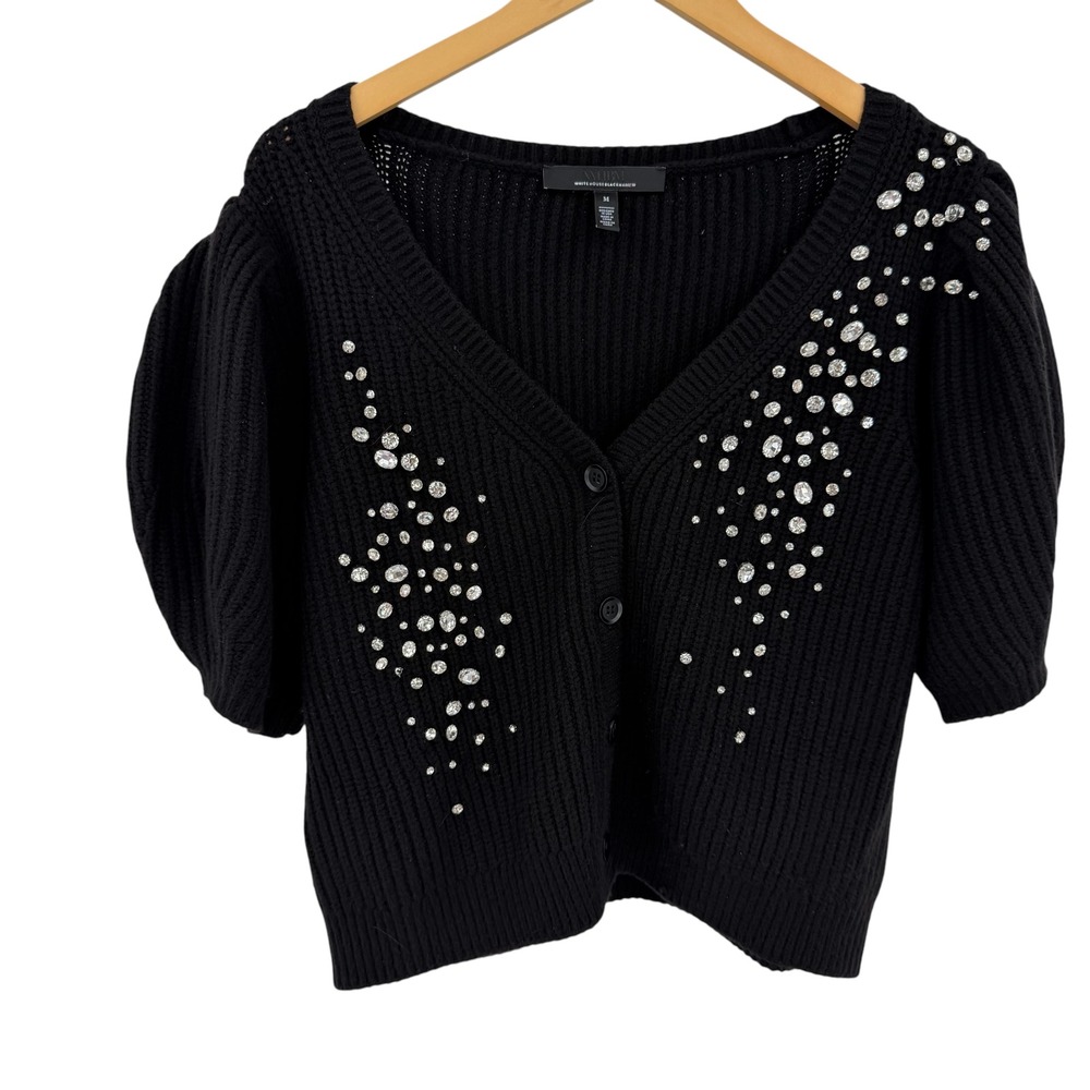 WHBM Cardigan Women M Black Wool Blend Rhinestone Puff Sleeve Q15